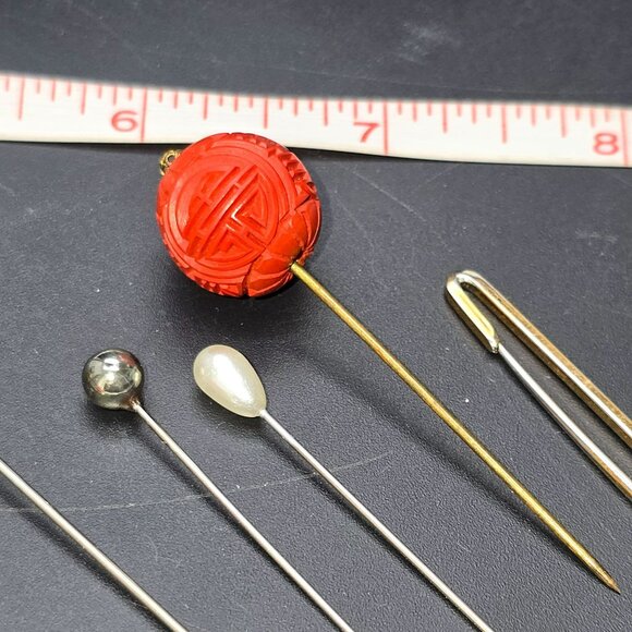 Vintage Hat Pins & Stick Pins Collection With Gold-Tone Cinnabar Etc HS210 - Picture 3 of 7